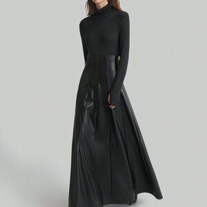 Black Elegant Women's solid upper with Faux Leather bottom Maxi Party Dress
